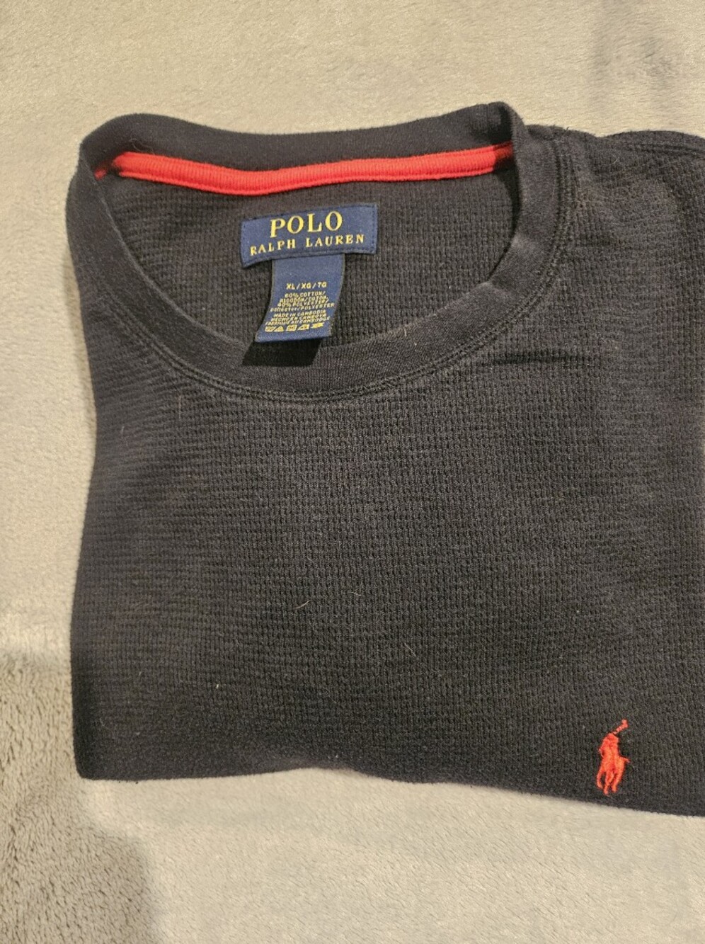 Classic Polo Ralph Lauren Black Thermal Long Sleeve Shirt Mens XL Red Pony